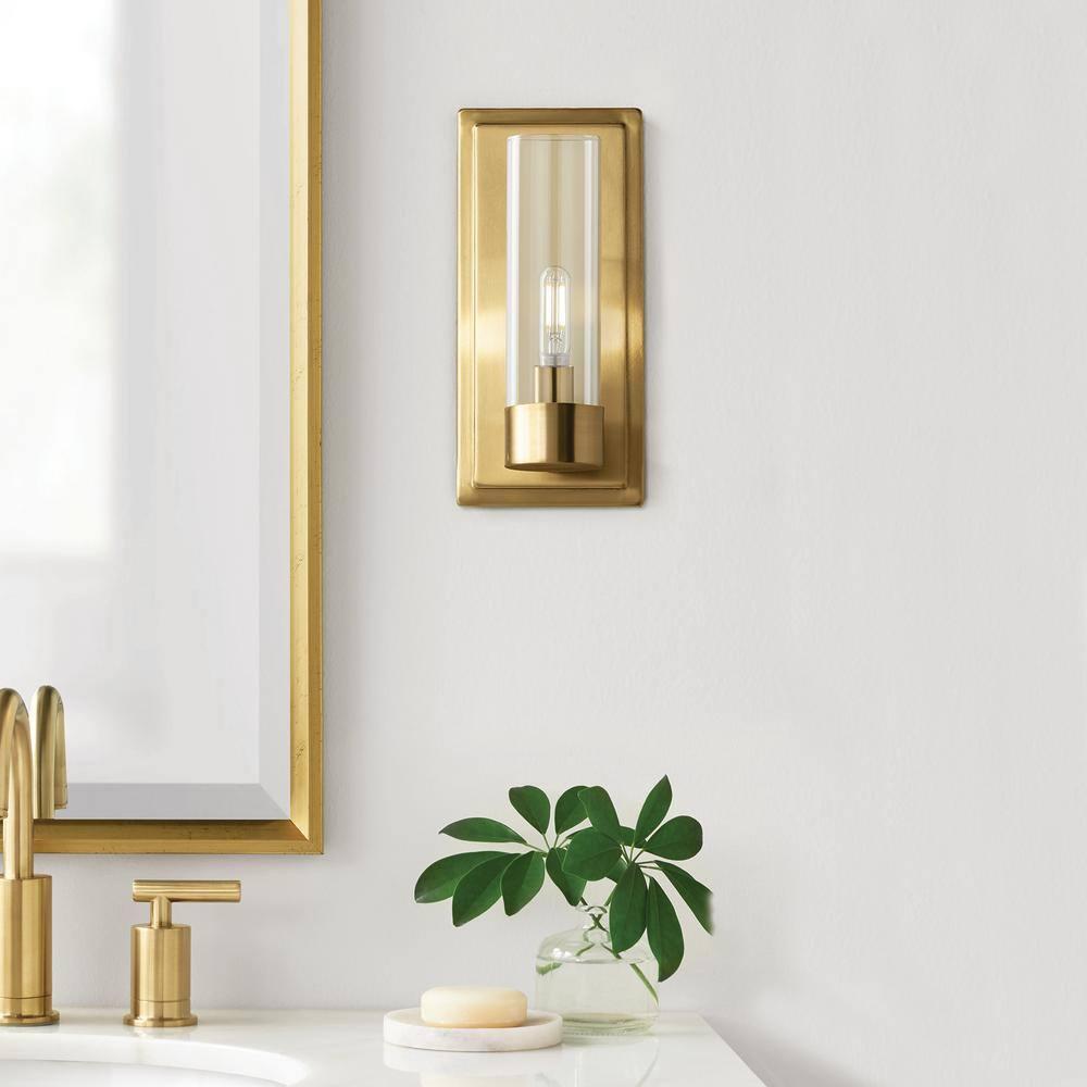 Closmere 5 in. 1-Light Brushed Gold Mid-Century Modern Wall Sconce with Clear Glass Shade