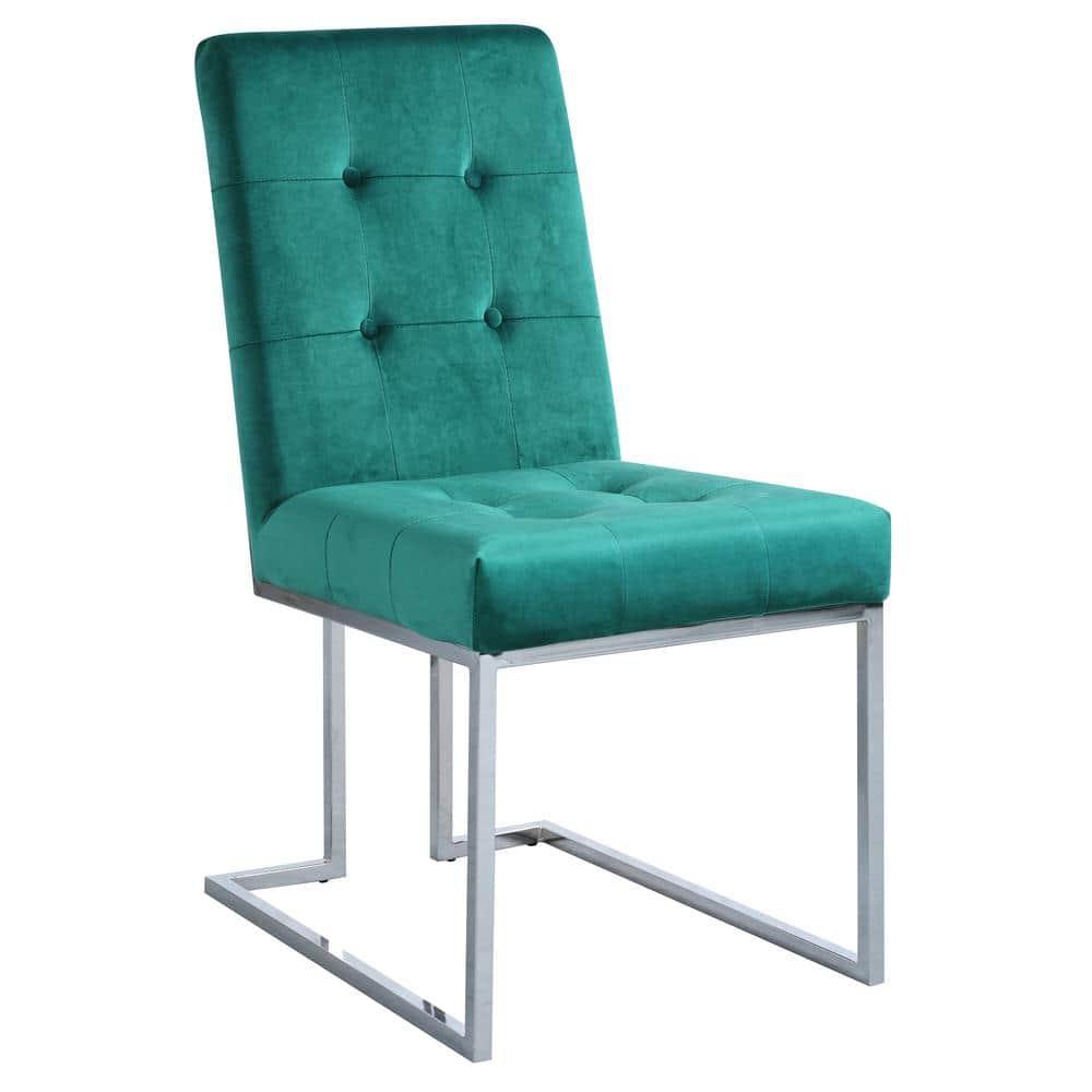 Modern Velvet Fabric Dining Chair in Green/Silver (Set of 2)