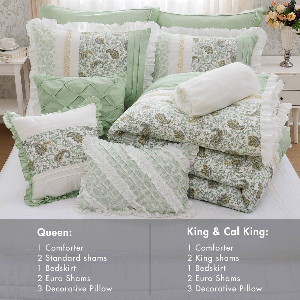 Sage Green Cotton King Reversible Comforter Set with Decorative Pillows