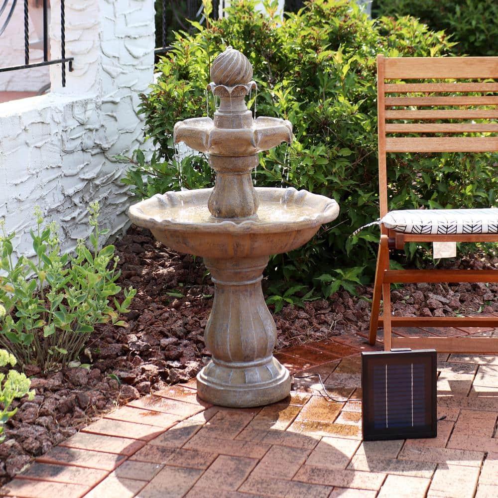 Sunnydaze Outdoor 2-Tier Solar Powered Water Fountain with Battery Backup and Submersible Pump - 35" - Earth Finish