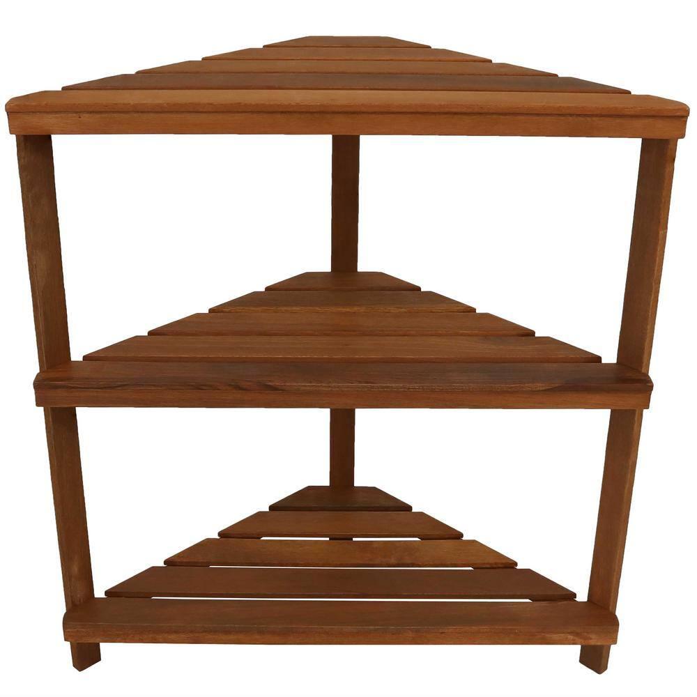 Sunnydaze Indoor/Outdoor Meranti Wood with Teak Oil Finish 3-Tiered Corner Flower Plant Stand Shelf Display - 36" - Brown