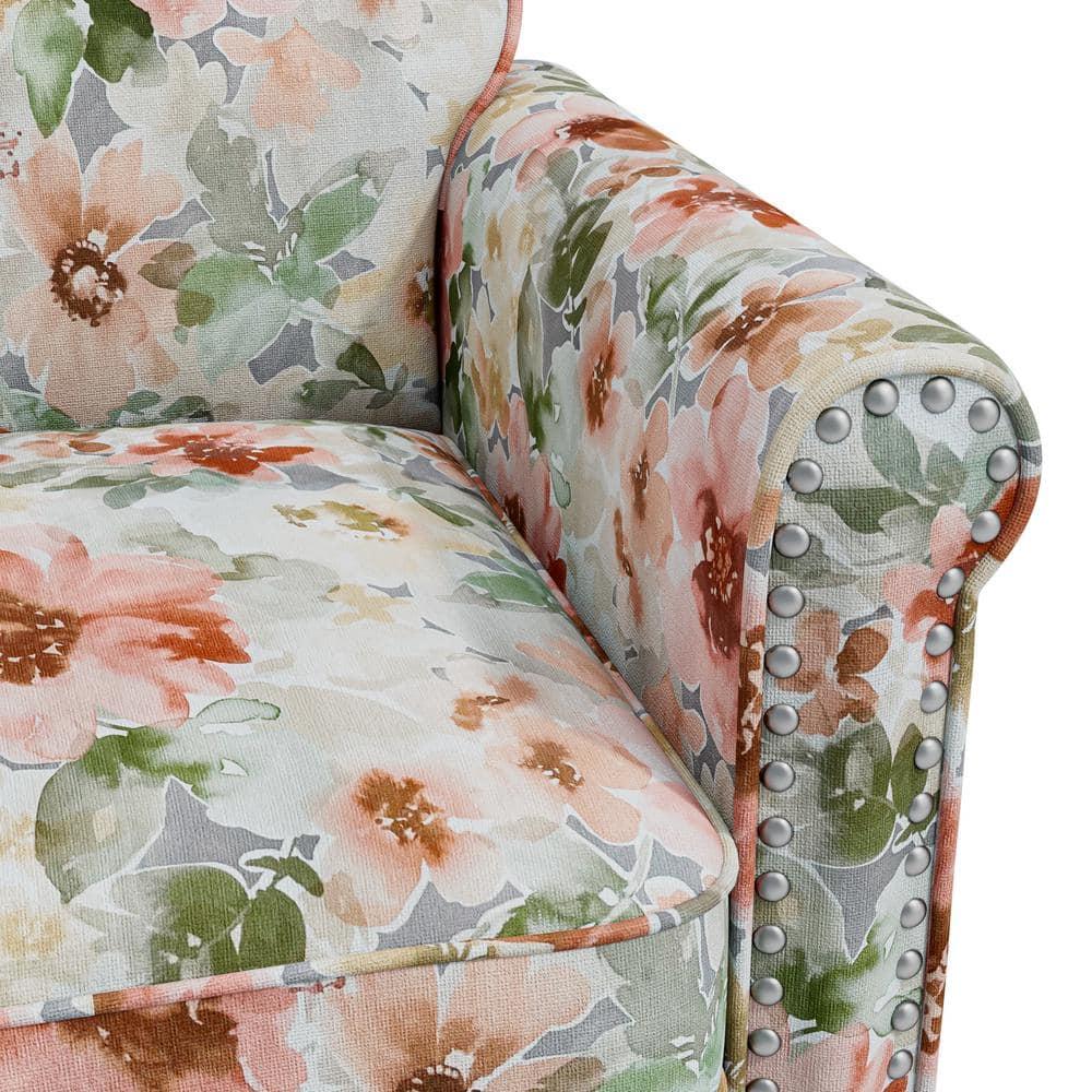 Handy Living Janet Traditional Rolled Accent Armchair with Pewter Nailheads Floral Pattern Orange/Green
