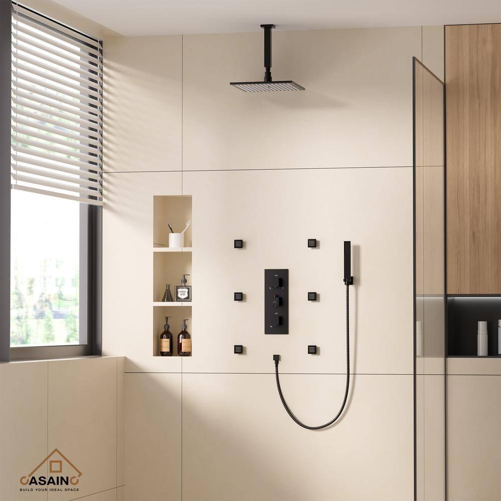 3-Function Luxury Ceiling Mount 12 Inch LED Thermostatic Shower System with 6 Body Jets