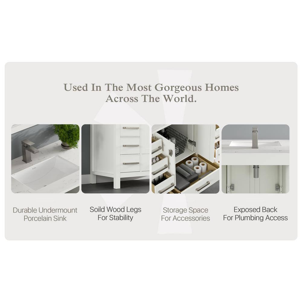 Eviva London 42"W x 18"D White Bathroom Vanity with White Carrara Quartz Countertop and Undermount Porcelain Sink