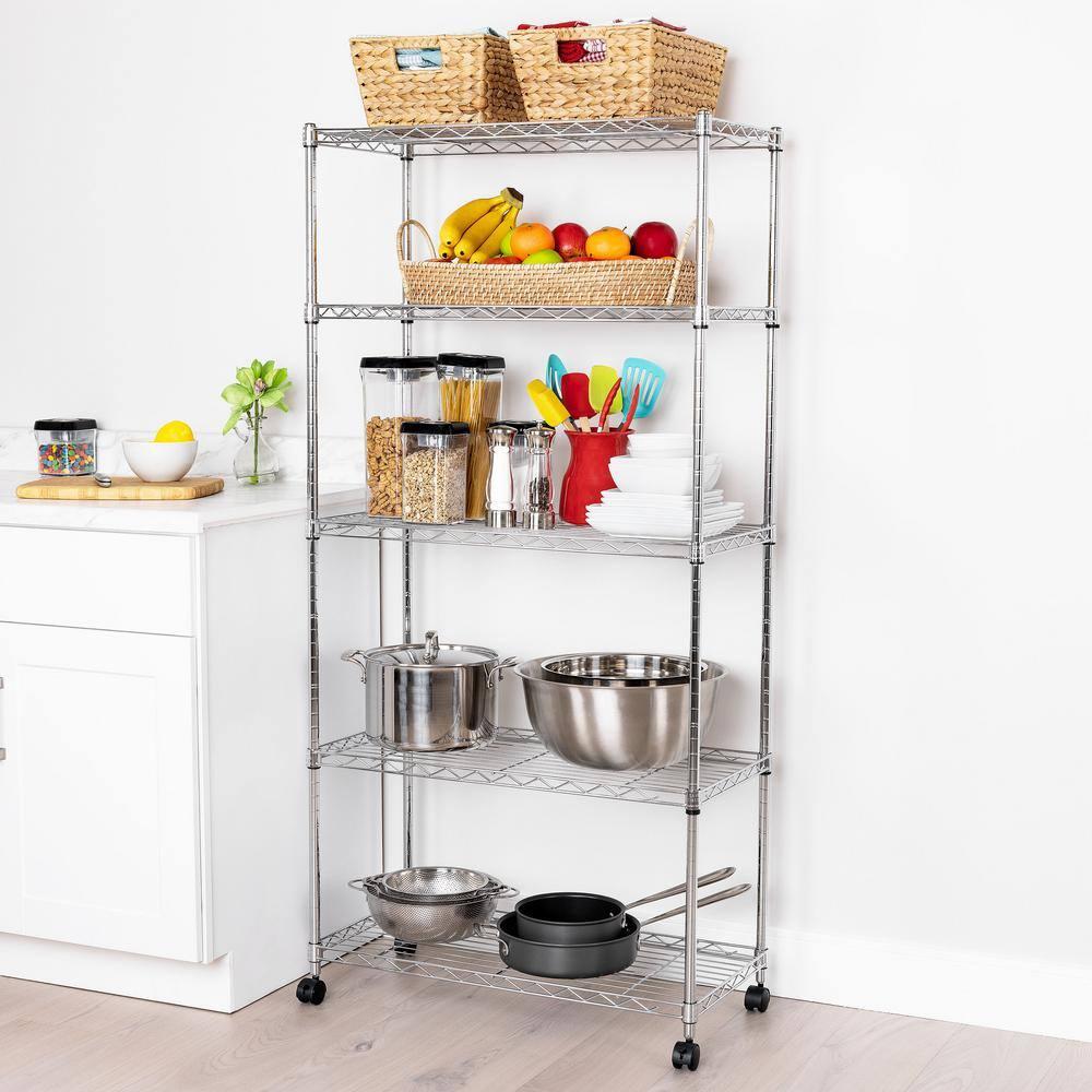 Seville Classics 5-Tier Steel Wire Shelving with Wheels, 30" W x 14" D x 60" H, Chrome Plated