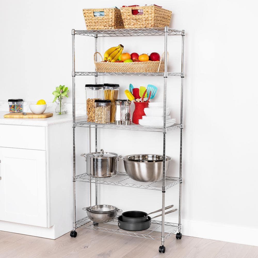 Seville Classics 5-Tier Steel Wire Shelving with Wheels, 30" W x 14" D x 60" H, Chrome Plated