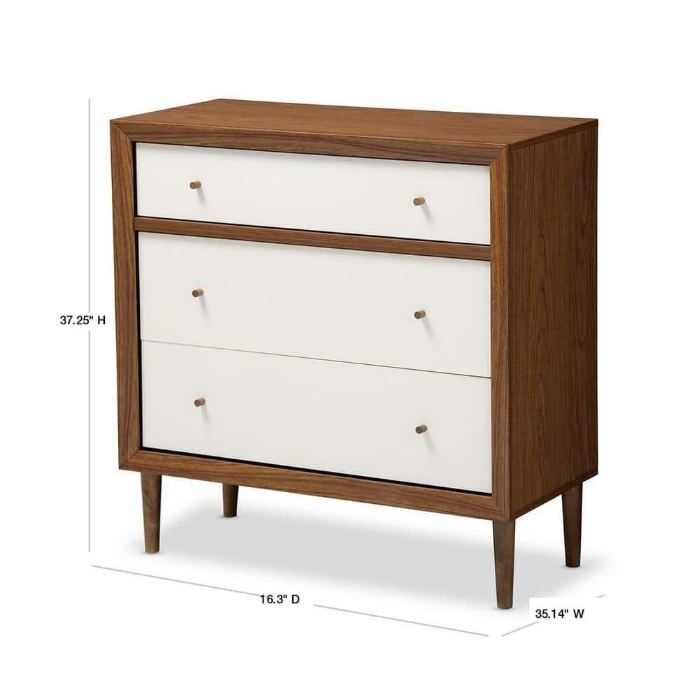 Baxton Studio Harlow Mid-Century Modern Scandinavian Style Wood 3 Drawer Chest White/Walnut : Rubberwood Frame, Spot Clean