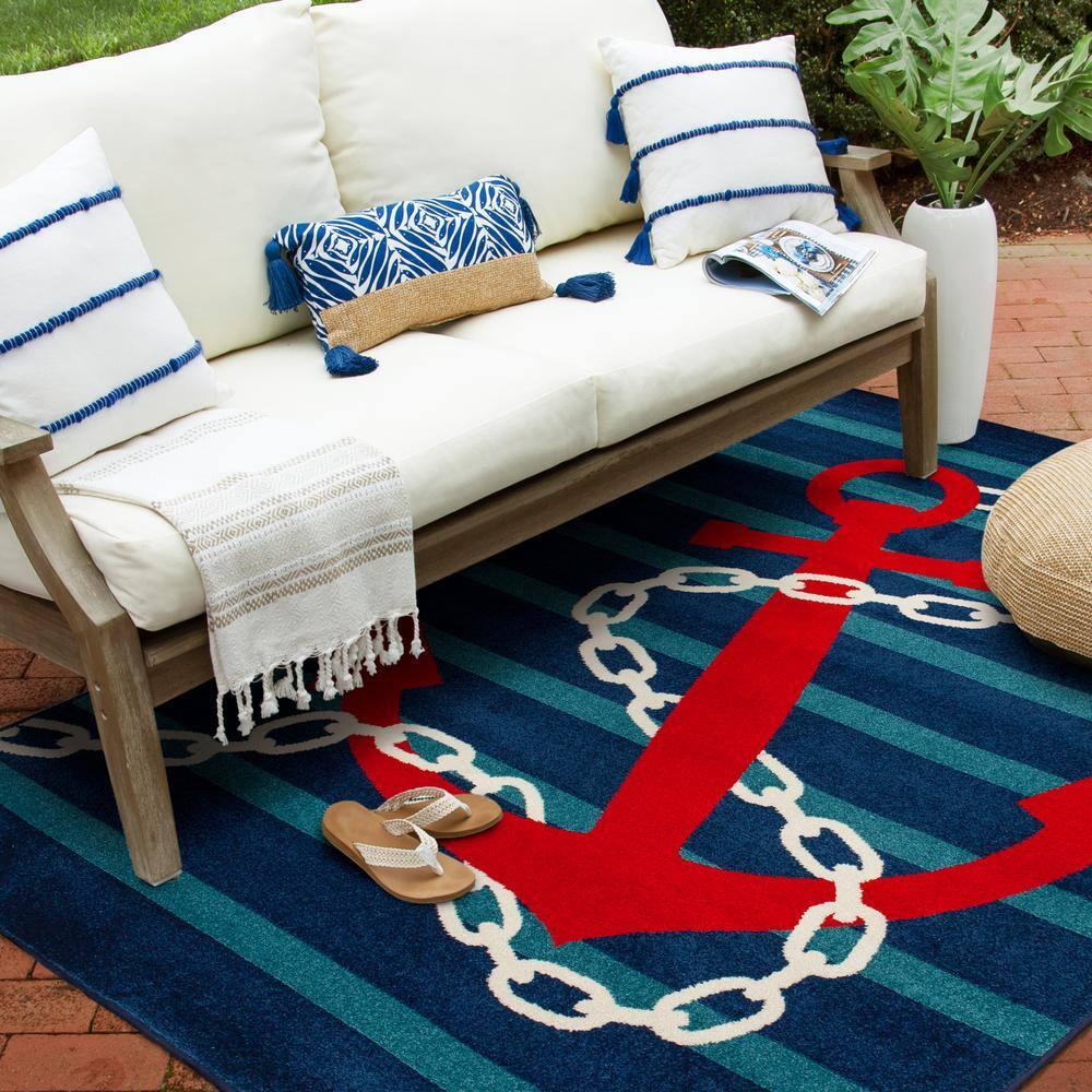 Sapphire & Coral Anchored Stripes 114"x79" Synthetic Area Rug