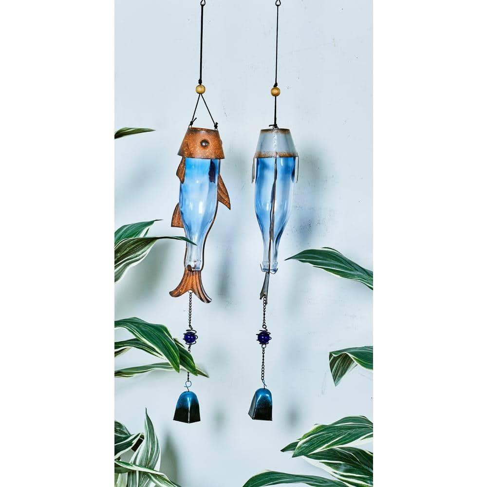 DecMode 32" Blue Metal Fish Windchime with Glass Bottle Body and Beads (2 Count)