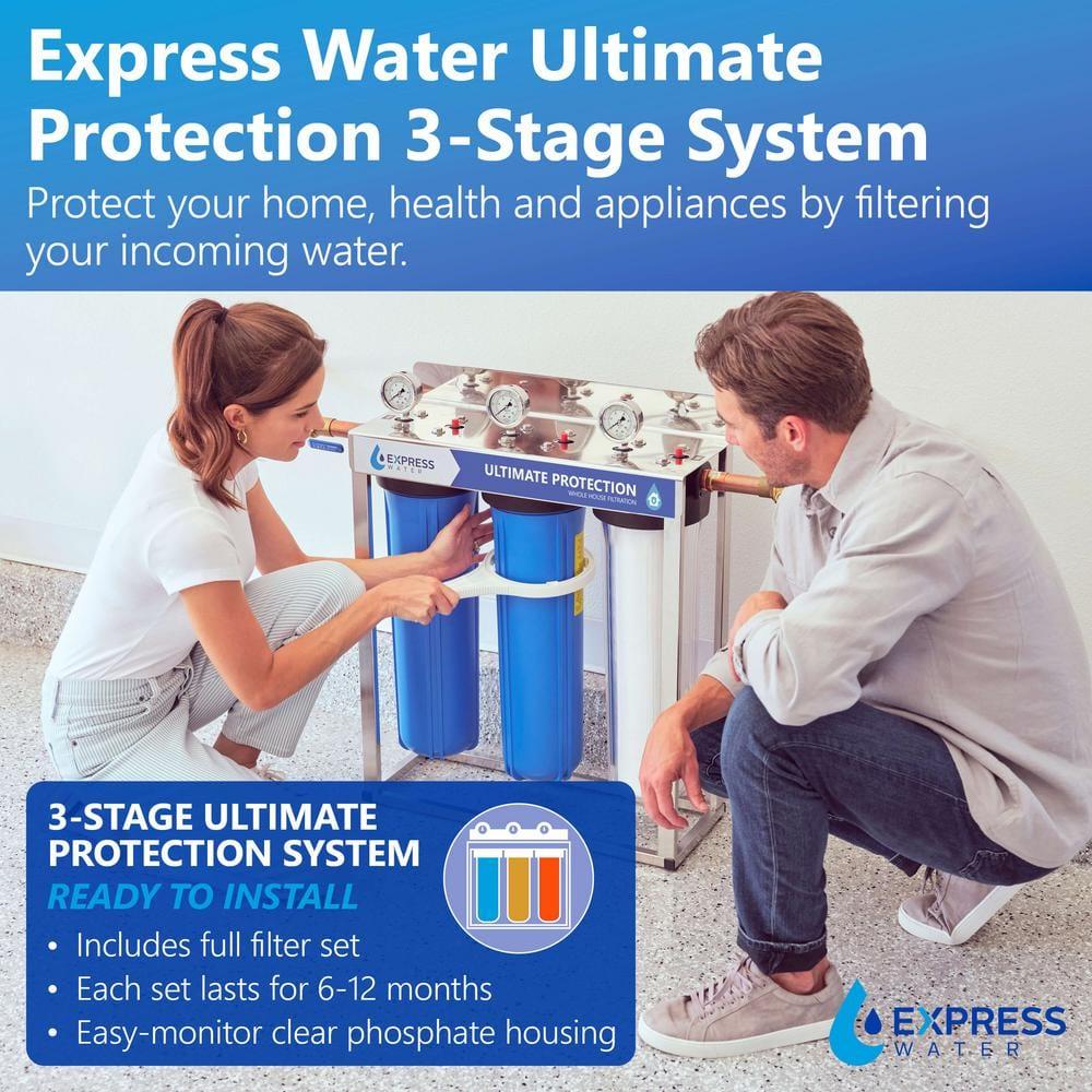 Express Water Whole House Water Filter, 3 Stage Water Filtration, Sediment, Polyphosphate Anti-Scale, Carbon Filters Includes Pressure Gauges, Easy Release, and 1 Inch Connections, 23.5" x 8.5" x 30"
