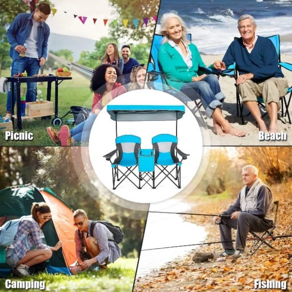 Spaco Portable Camping Chair with Umbrella and Back, Outdoor Folding Beach Canopy Chair with Cup Holder, Blue
