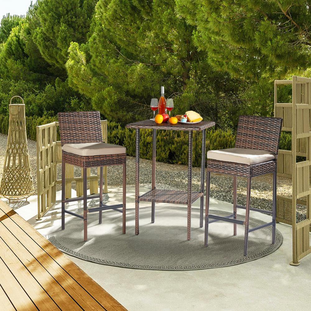 Off-white Cushioned Iron and Rattan Outdoor Bar Stools, Set of 2
