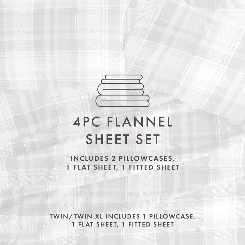 Light Grey Plaid 4 Piece 100% Cotton Flannel Deep Pocket Sheet Set, Queen, by Noble Linens