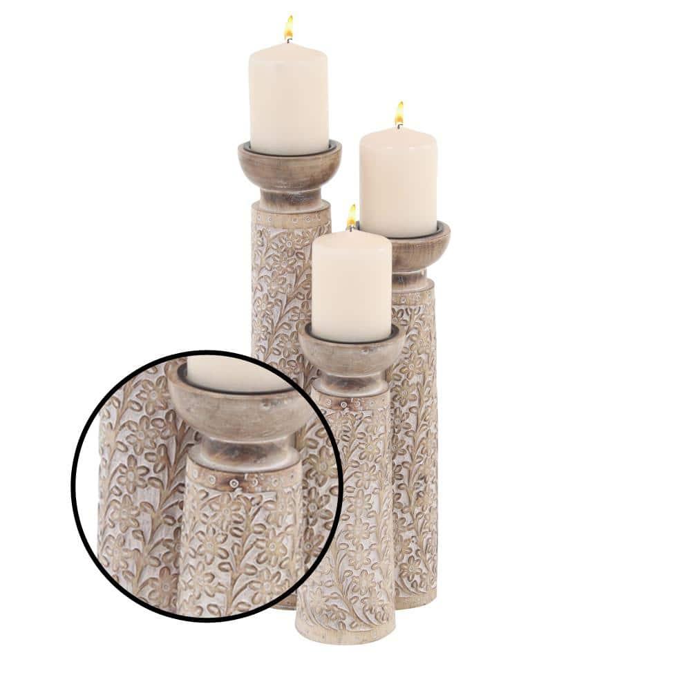 Set of 3 Rustic Cylindrical Mango Wood Candle Holders Off White - Olivia & May: Elegant Tabletop Decor