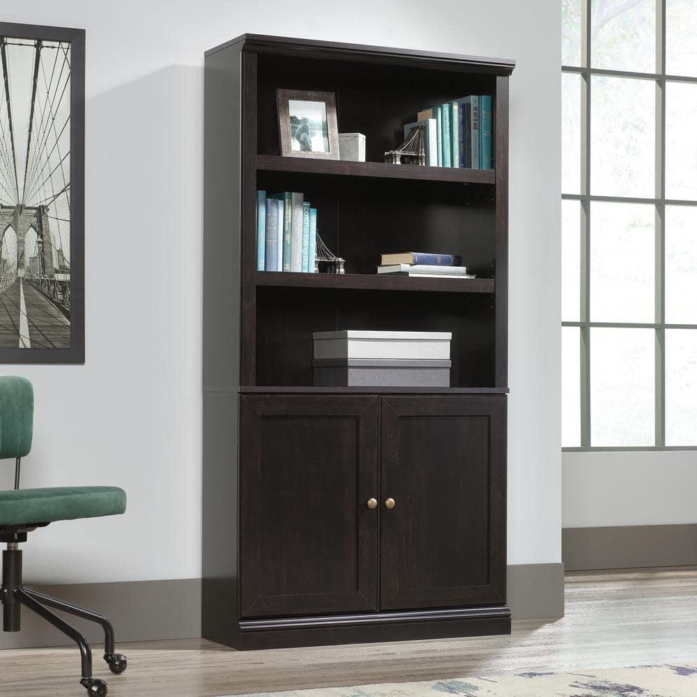 Sauder 70" 5 Shelf Bookcase with Doors Black: Mid-Century Modern, MDF Frame, Vertical Storage