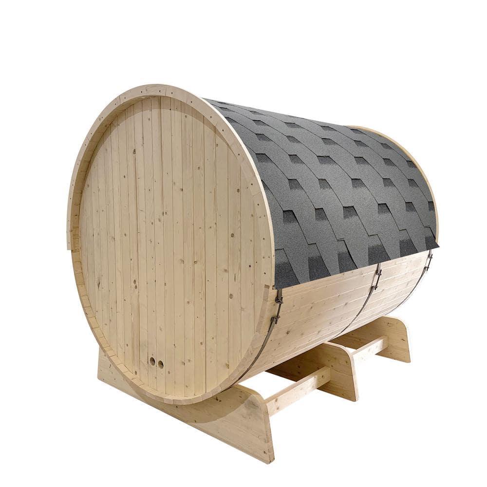 ALEKO Outdoor or Indoor White Finland Pine Wet Dry Barrel Sauna - Front Porch Canopy - 8 kW UL Certified KIP Harvia Heater -6-8 Person