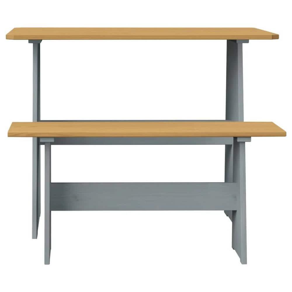 Urban Home Furniture Chapman 3 Piece Casual Dining 2-Tone Natural/Grey Solid Pine Wood Kitchen Table Set with 2 Benches, Kitchen Dining Set