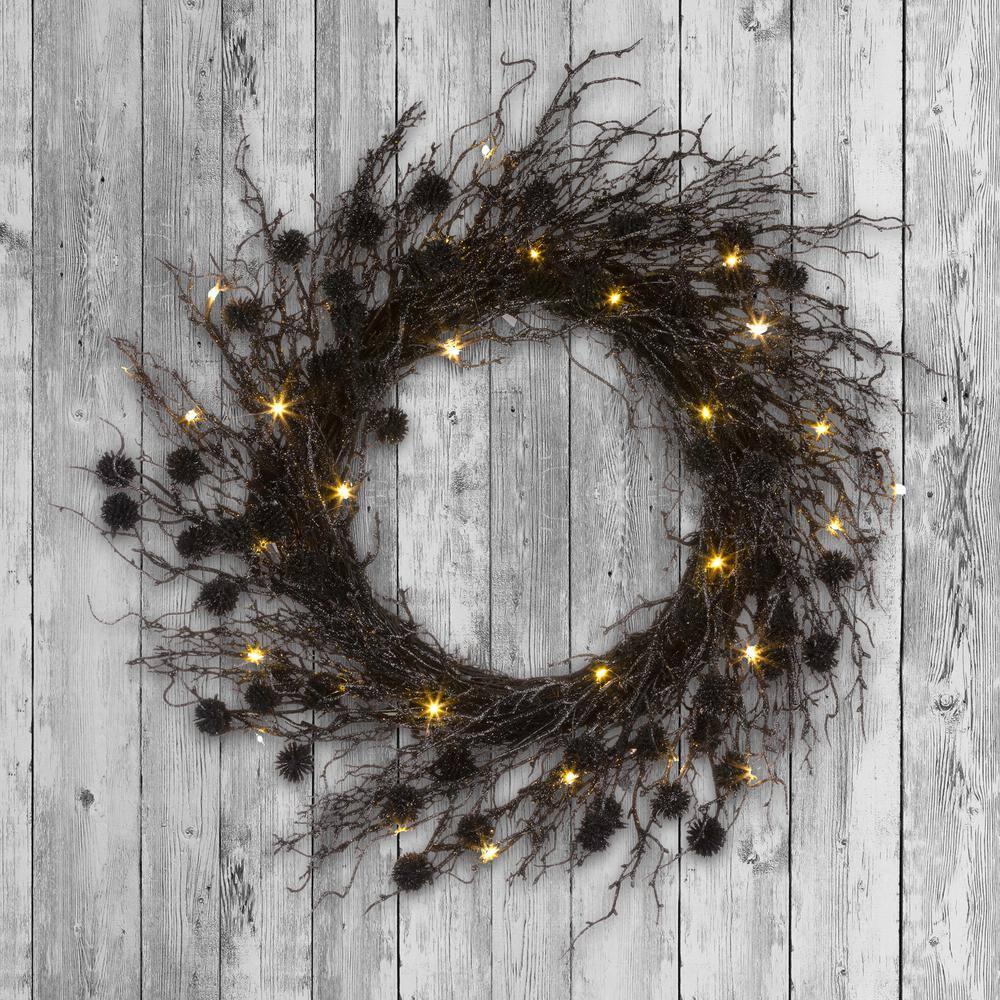 24" Prelit LED Deadwood Halloween Wreath Orange Lights - National Tree Company