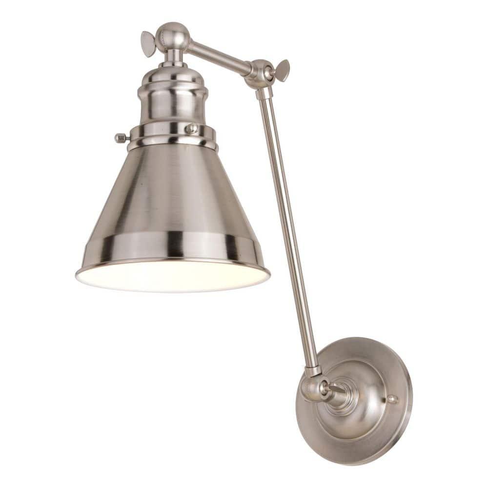 Alexis 6 in W Satin Nickel and Matte White Adjustable Swing Arm Wall Lamp with Metal Shade
