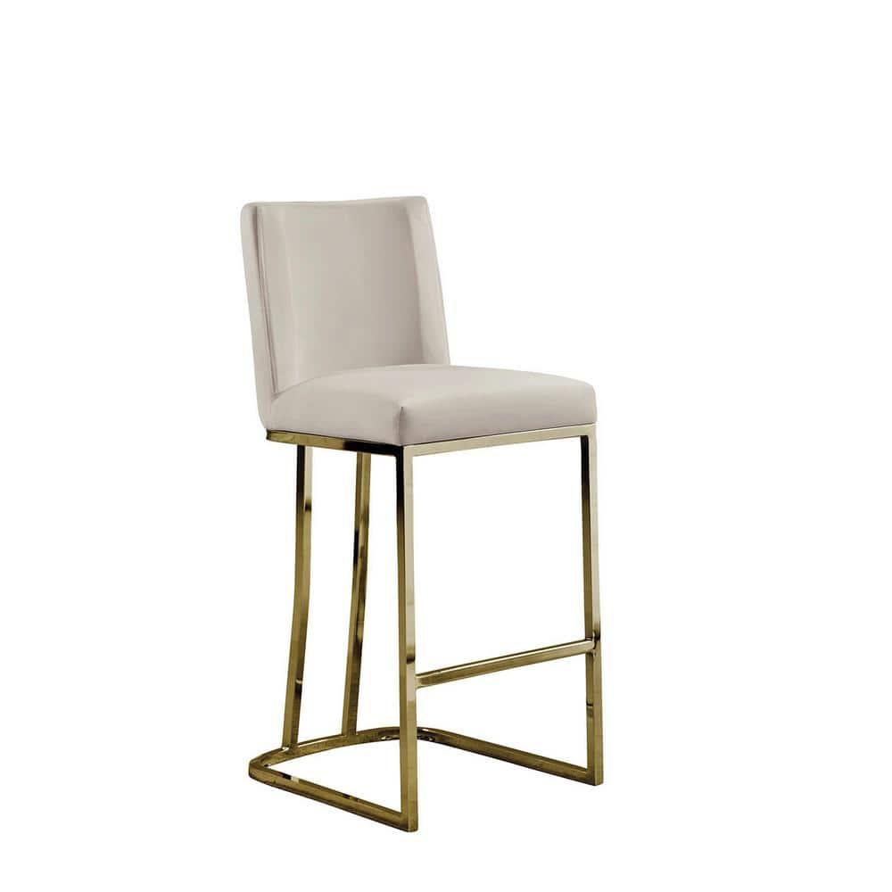 Velvet Counter Height Chairs in Beige Cream Velvet and Gold Chrome (Set of 2)