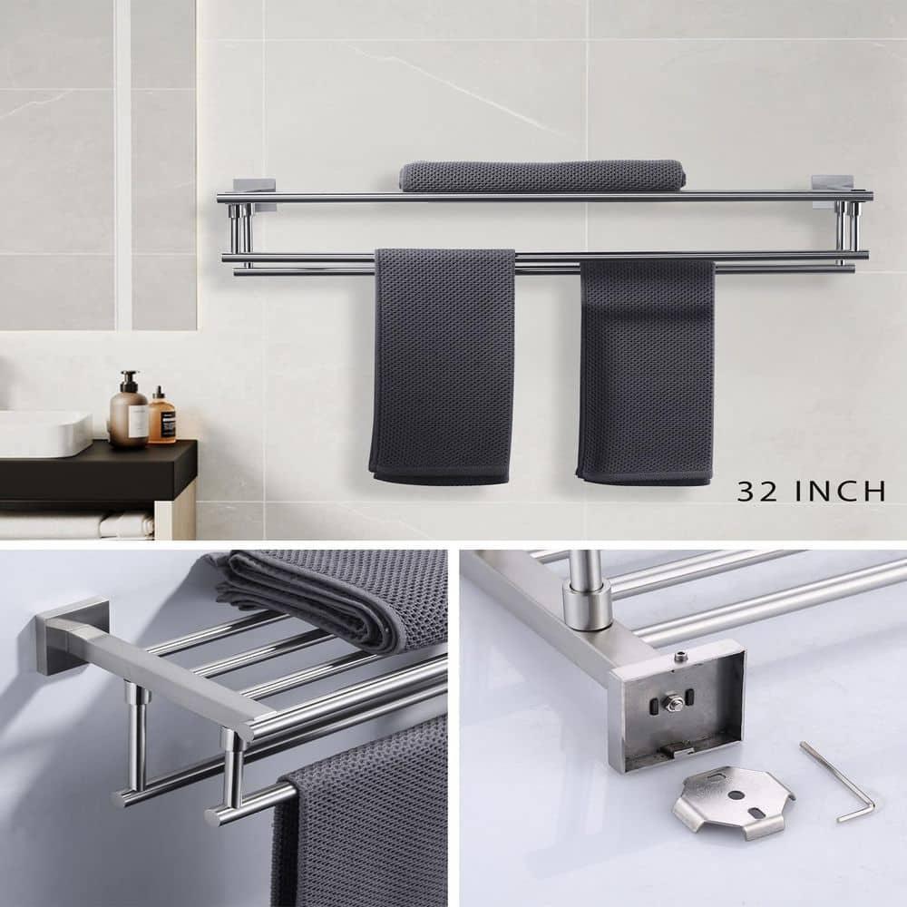 ARCORA AR5150102-32 2-Tier 20" Wall Mounted Stainless Steel Bathroom Towel Rack With 2 Towel Bars Round Rods
