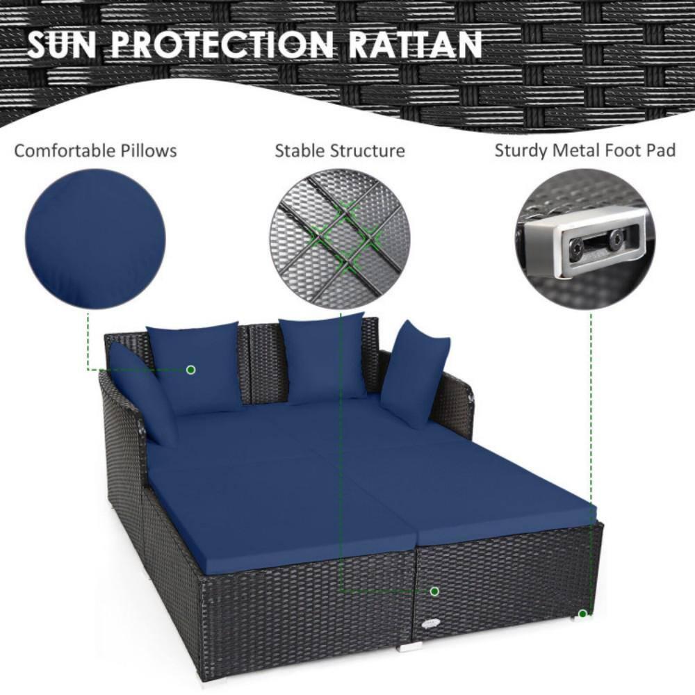 Costway Outdoor Patio Rattan Daybed Pillows Cushioned Sofa Furniture Navy