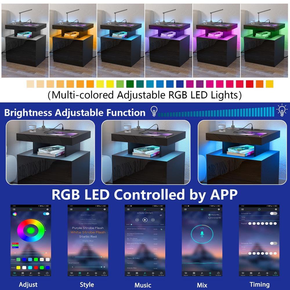 Black Nightstand with Wireless Charging Station and LED Lights, Bedside Table with 2 Drawers, Open Storage, 1 Pull-Out Tray, End Side Table with Storage