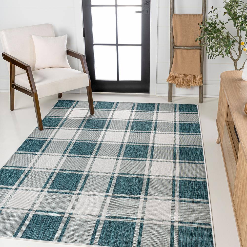 Sabine Traditional Farmhouse Bold Gingham Turquoise/Cream 8 ft. x 10 ft. Indoor/Outdoor Area Rug