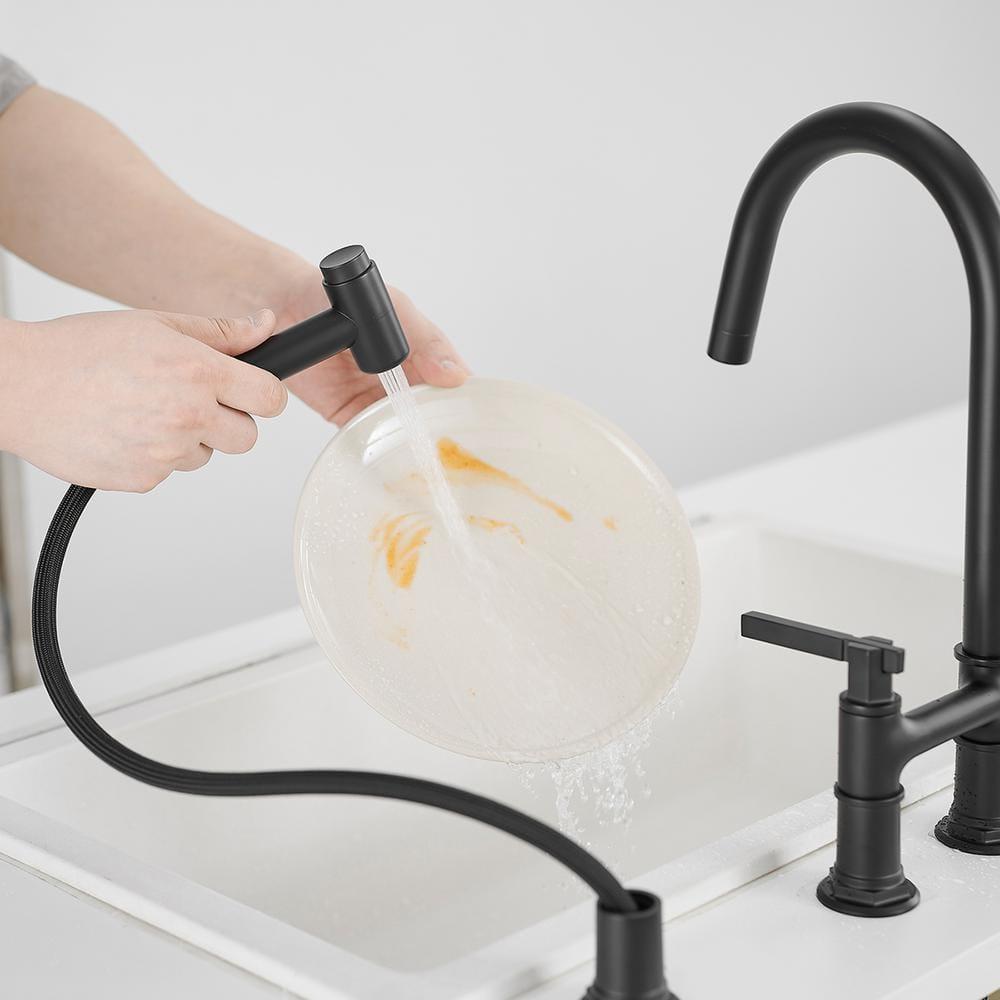 Double Handle Bridge Kitchen Faucet with Side Sprayer in Matte Black