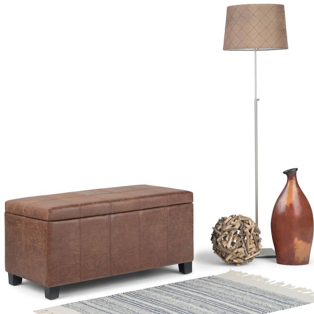 Simpli Home Dover Faux Leather Storage Ottoman Bench in Umber Brown