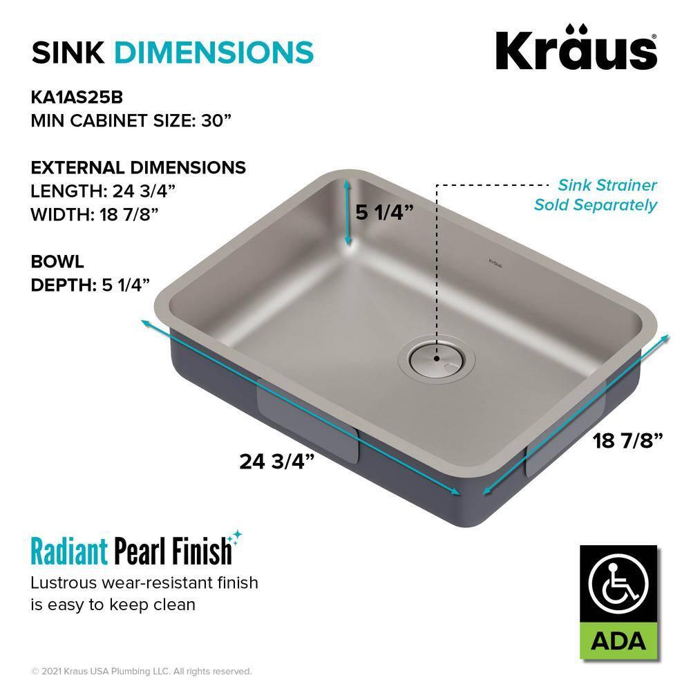 Kraus KA1AS25B Dex™️ Series KRAUS 25" L Undermount 16 Gauge Stainless Steel Single Bowl ADA Kitchen Sink