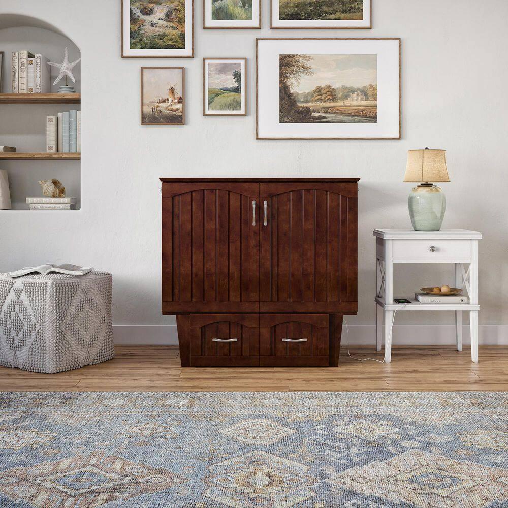 AFI Nantucket Twin Solid Wood Murphy Bed Chest with Mattress, Drawer & Charger, Walnut