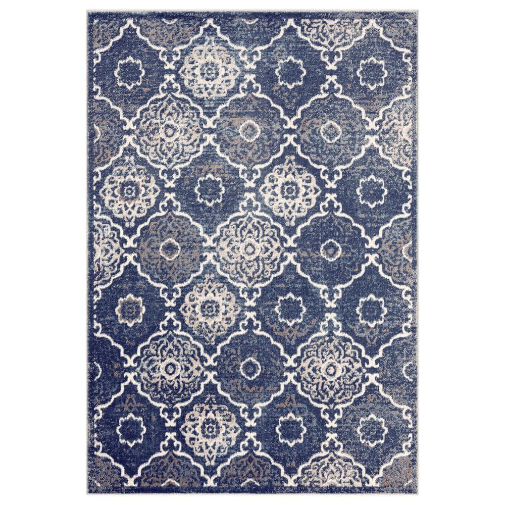 Home Dynamix Boho Andorra Transitional Damask Area Rug, Navy Blue/Ivory, 5'2"x7'2"
