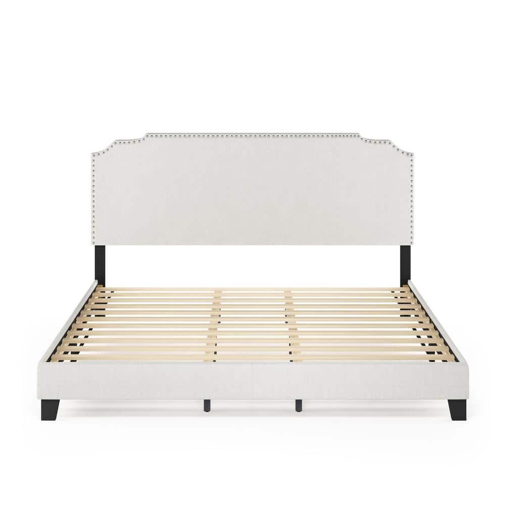 Furinno Nadia Nailhead, King, Linen,Trim Bed Frame "with" Storage and Mattress, Gray