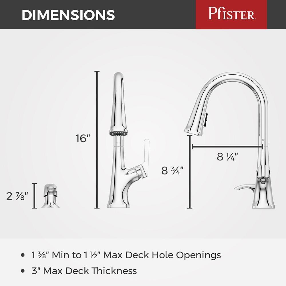 Pfister Ridgeline Kitchen Faucet with Pull Down Sprayer and Soap Dispenser, Single Handle, High Arc, Polished Chrome Finish, F5297RGC