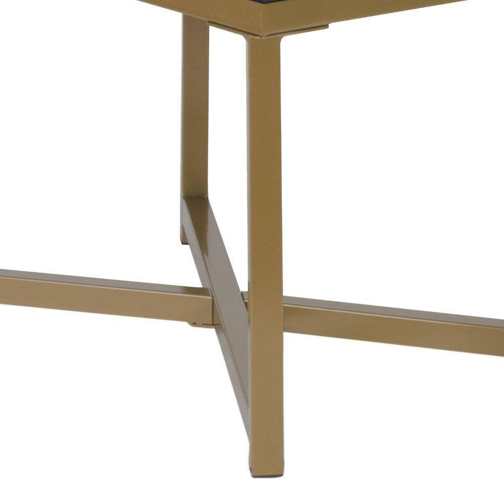 Benzara BM196046 Metal Framed Bench with Button Tufted Velvet Upholstered Seat, Dark Blue & Gold