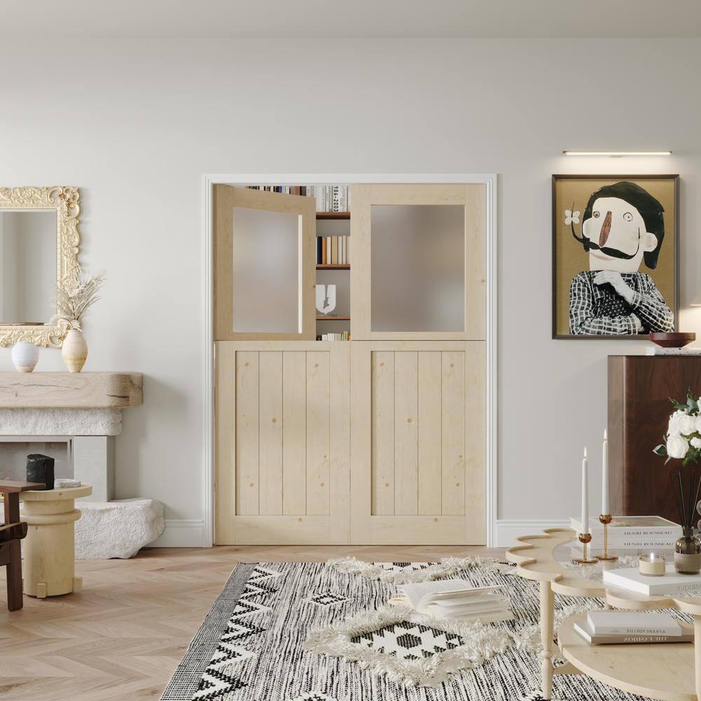CHIC MODE Interior Dutch Door - Half Frosted Glass Split Door Slab, Modern Style Farmhouse Closet Door, Natural Pine Wood(Not Include Door Hinges)