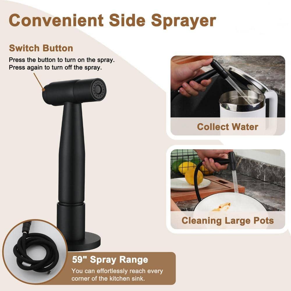 Double Handle Bridge Kitchen Faucet with Side Sprayer in Matte Black