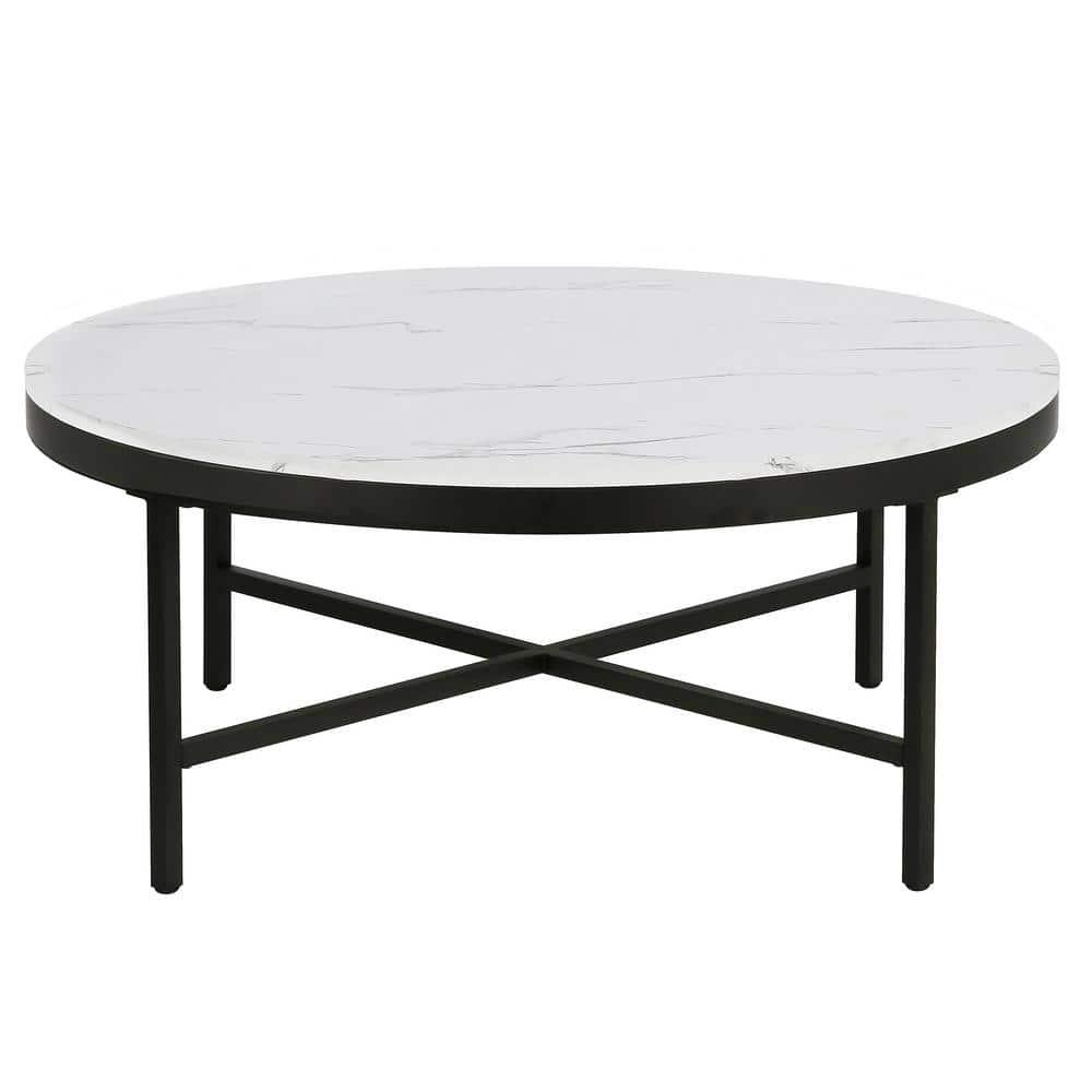 Evelyn&Zoe Xivil 36" Wide Round Coffee Table with Faux Marble Top in Blackened Bronze/Faux Marble