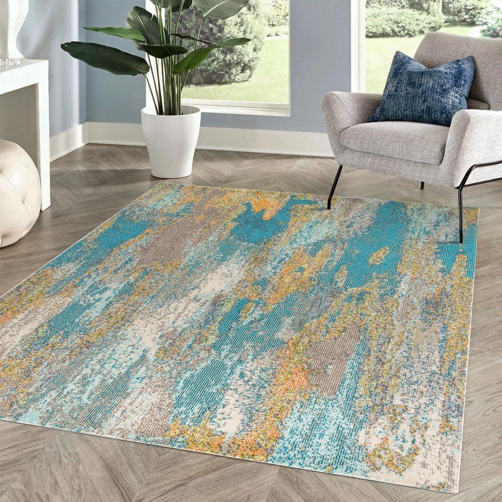 5'x8' Contemporary POP Modern Abstract Vintage Waterfall Area Rug, Blue/Brown/Orange - JONATHAN Y