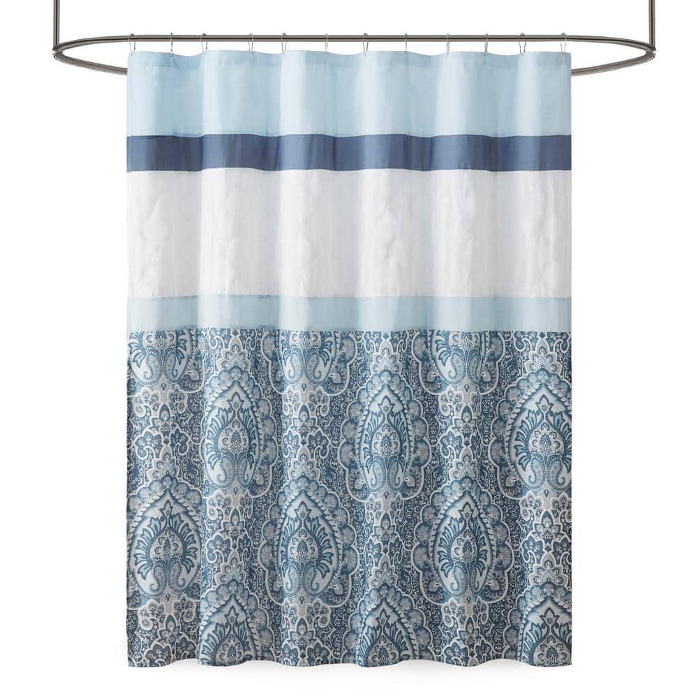 510 Design Shower Stacie Embroidered Shower Curtain Blue: Microfiber, Machine Washable, Non-Slip Backing