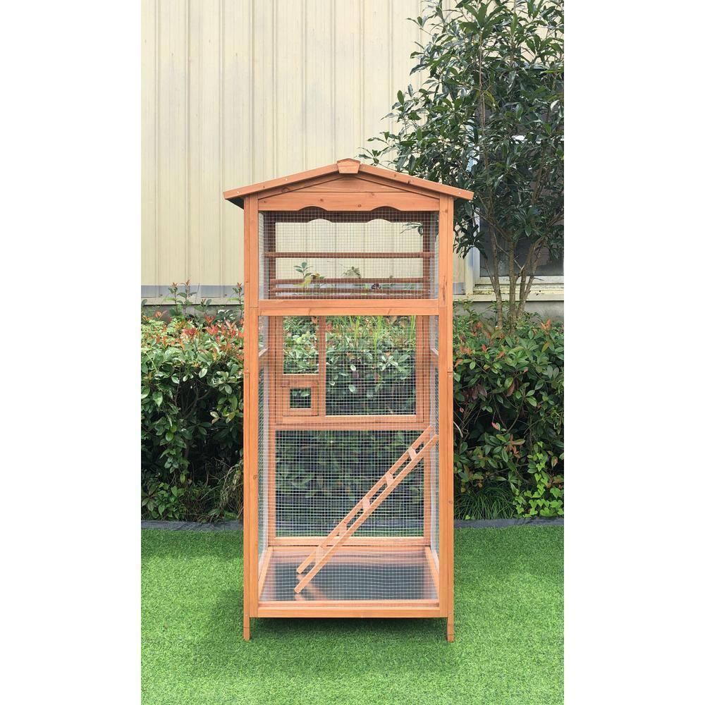 Hanover Outdoor Wooden Bird Cage with 3 Resting Bars, Ladder, Waterproof Roof and Removable Tray, 2.9 Ft. x 2.1 Ft. x 5.8 Ft.
