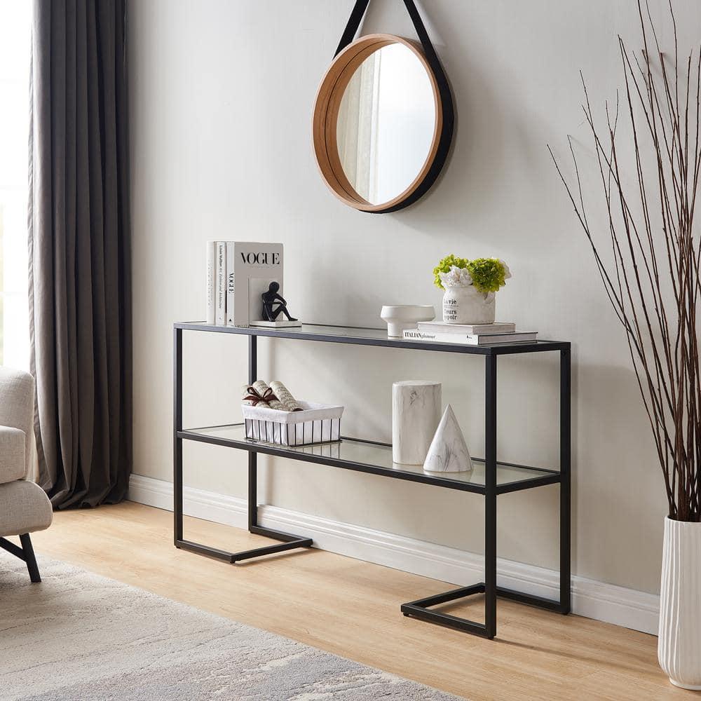 Evelyn&Zoe Errol 55" Wide Rectangular Console Table with Glass Top, Blackened Bronze