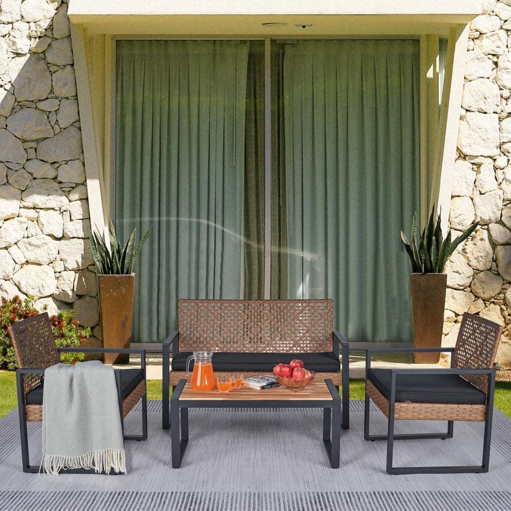 Patio Furniture Set for 4, Rattan Outdoor  Conversation Set with Wood Table, Brown PE Wicker Porch Sofa Set with Cushions, Porch Deck Poolside Furniture, Max 705LBS