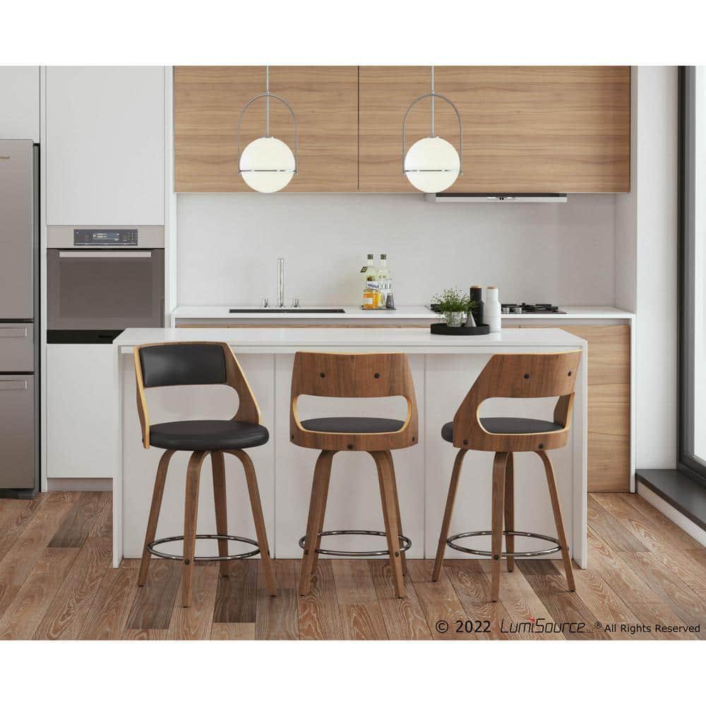 Set of 2 Cecina Upholstered Counter Height Barstools Brown/Walnut - Lumisource: Chrome Footrest, Swivel Seat, Wood Frame