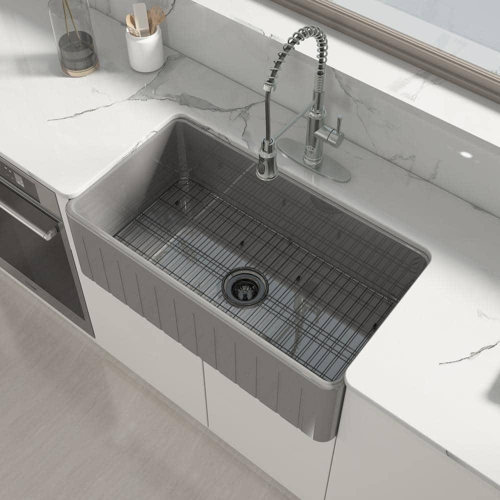 33 in. Farmhouse/Apron-Front Single Bowl Matte Gray S2 Fine Fireclay Kitchen Sink with Bottom Grid and Strainer Basket