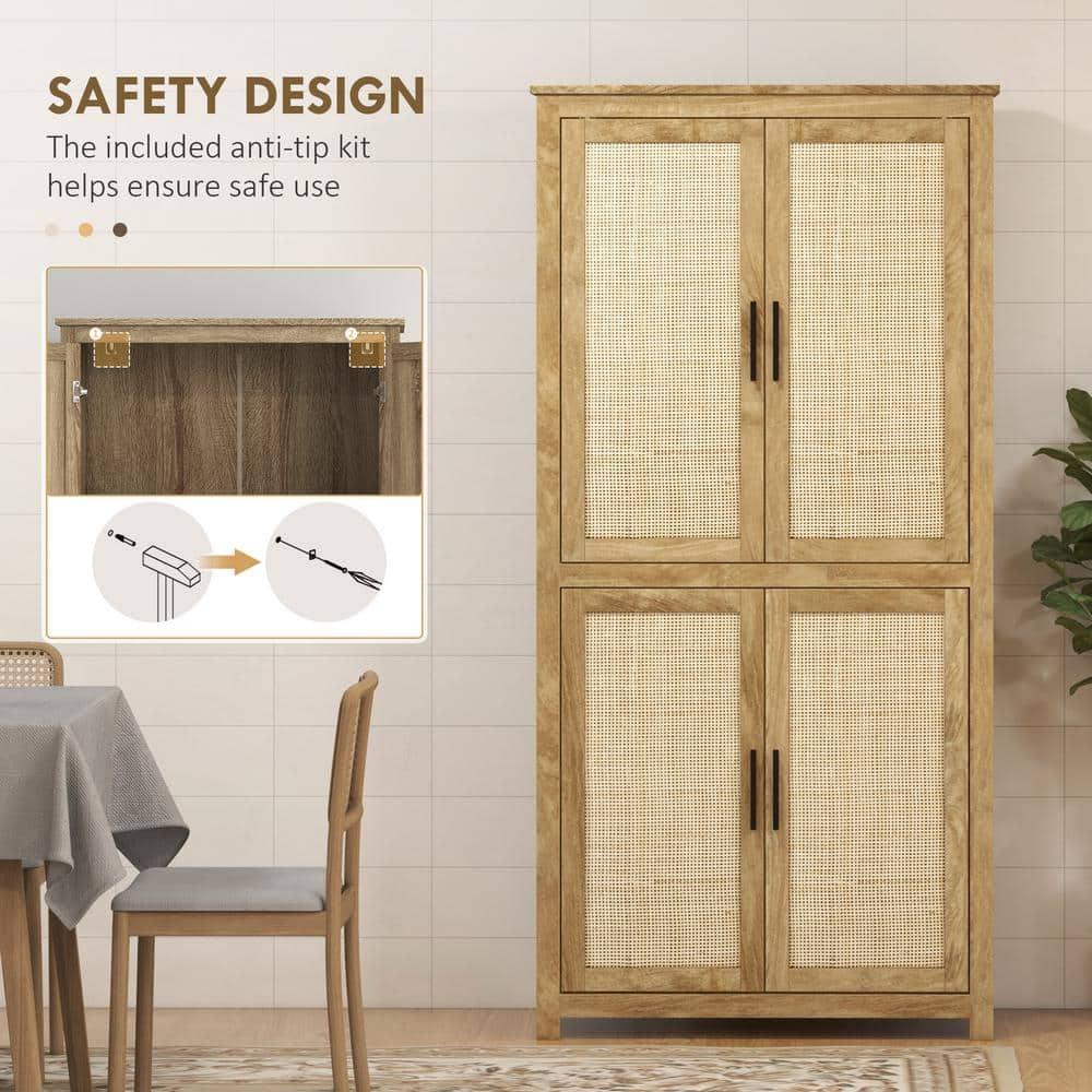 HOMCOM 64" Kitchen Pantry Storage Cabinet, Freestanding Kitchen Cabinet with 4 Rattan Doors, 4 Tier Shelves and Adjustable Shelf, Natural