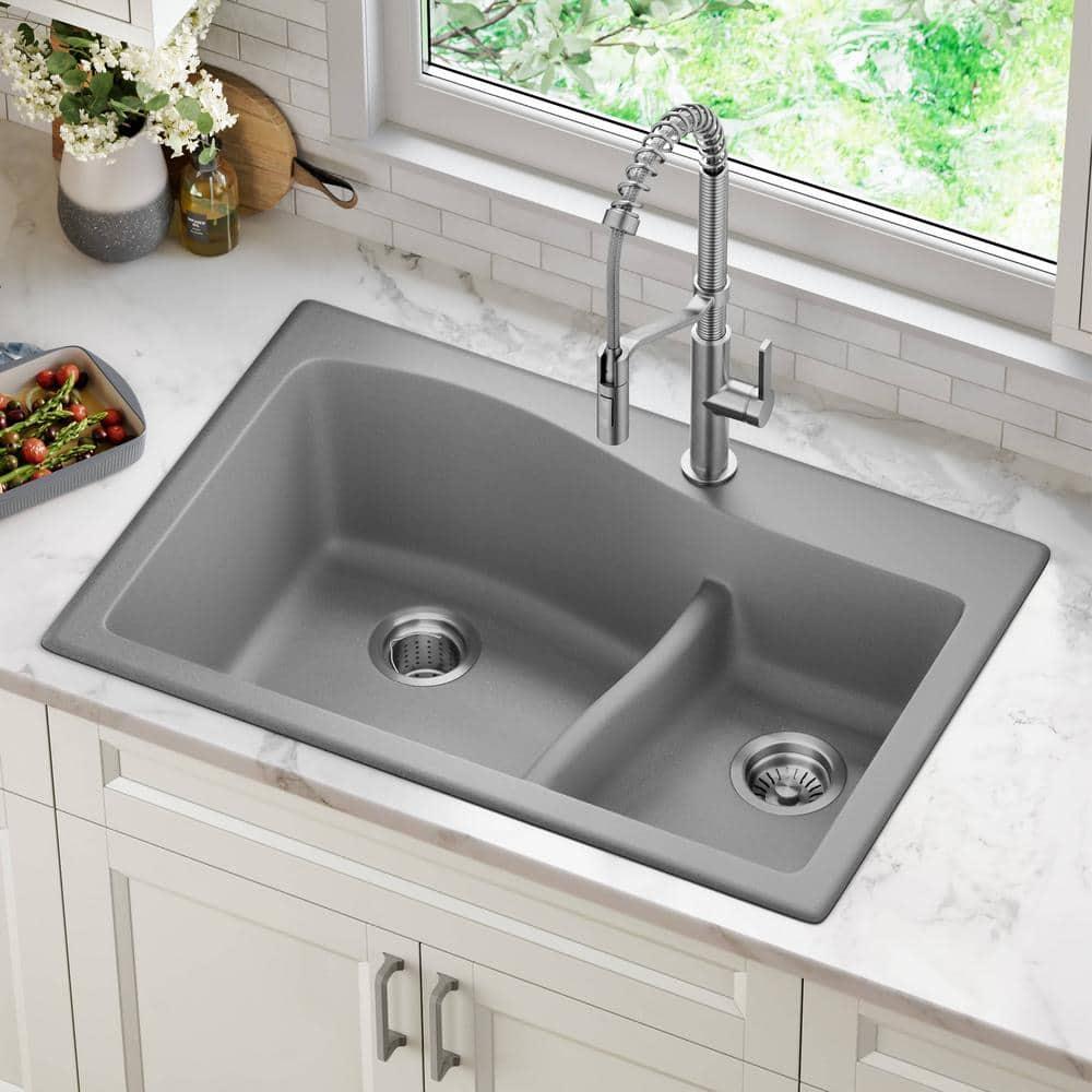 Kraus KRAUS Quarza™ 33" L Dual Mount 60/40 Double Bowl Granite Kitchen Sink KGD-442GREY