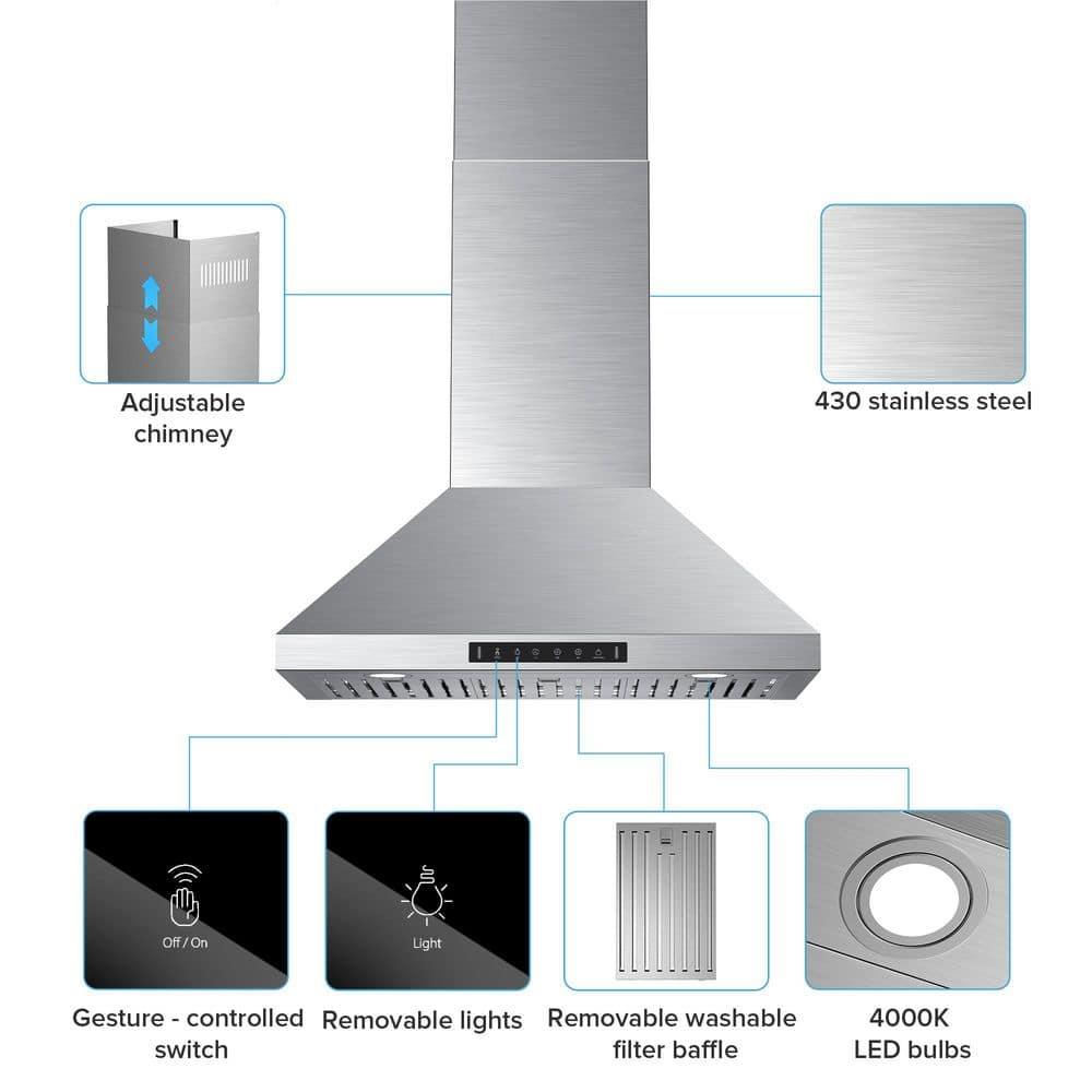 36" 900 CFM Convertible Wall Mount Range Hood with LED Lights & Hands-Free Control