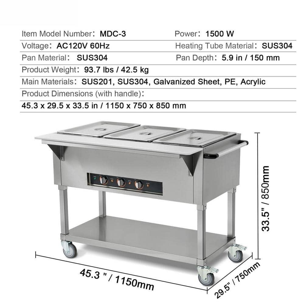 3-Pan Commercial Food Warmer, 3 x 20.6QT Electric Steam Table, 1500W Professional Buffet Catering Food Warmer with 4 Wheels (2 Lockable), Food Grade Stainless Steel Server for Party Restaurant